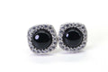 Black Spinel Halo Earrings: Rhodium Sterling Silver Studs
