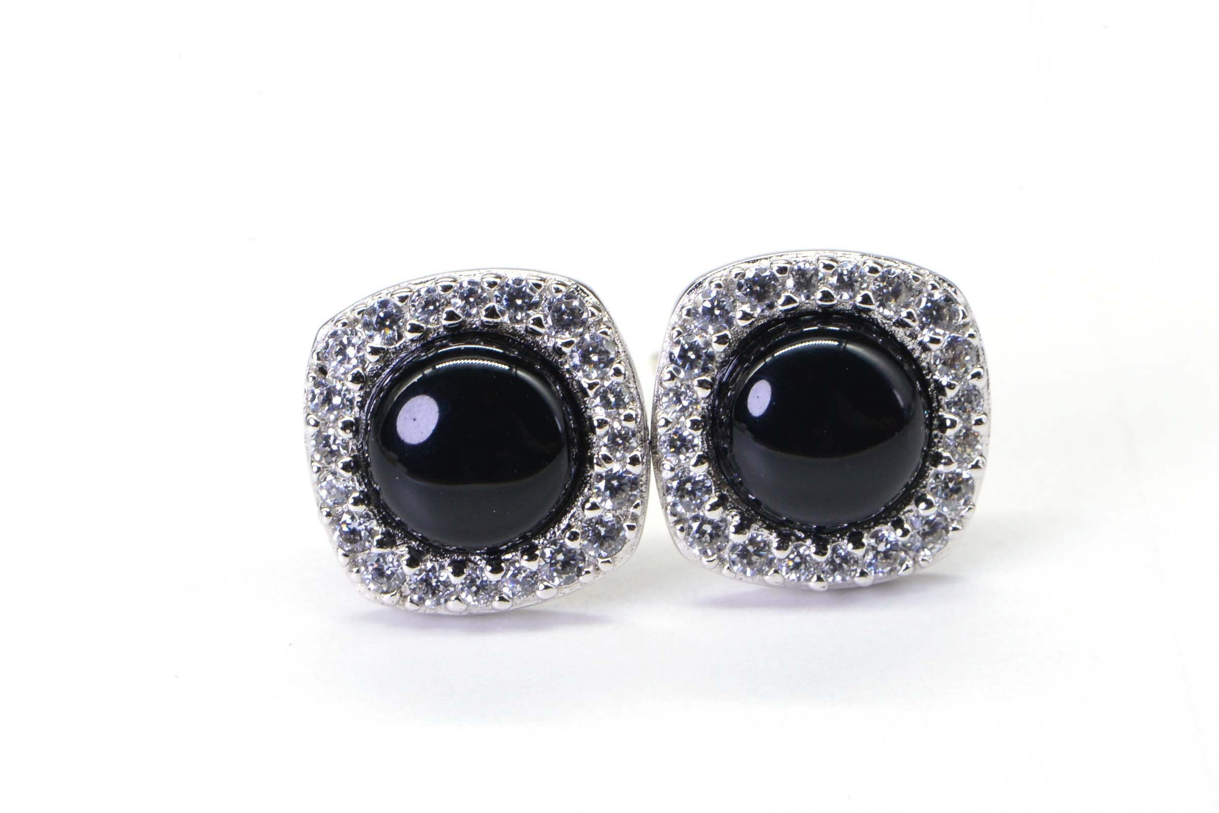 Black Spinel Halo Earrings: Rhodium Sterling Silver Studs