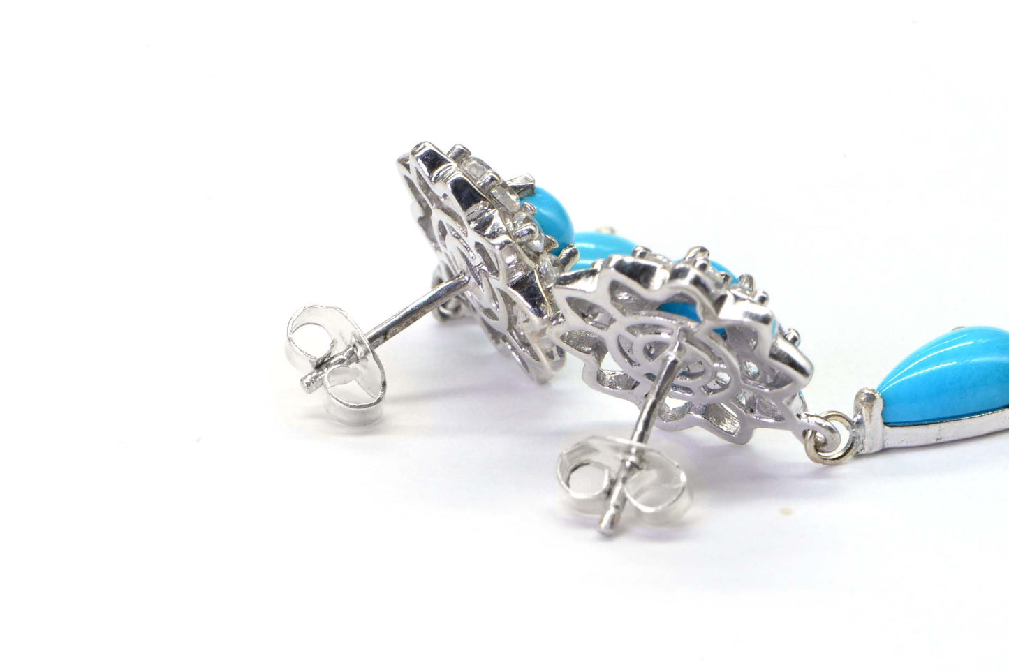 Arizona Turquoise Sleeping Beauty Stud Dangle Earrings Halo Style Sterling Silver Flower Design Earrings
