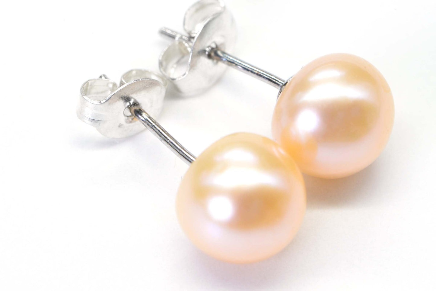 Bridesmaid Pearl Stud Earrings Genuine Freshwater Peach Pearl 8mm Sterling Silver Post