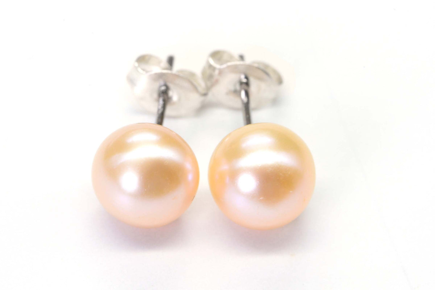 Bridesmaid Pearl Stud Earrings Genuine Freshwater Peach Pearl 8mm Sterling Silver Post