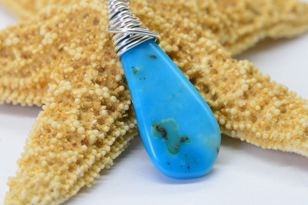 Sleeping Beauty Turquoise Pendant: Sterling Silver Wire Wrapped Briolette