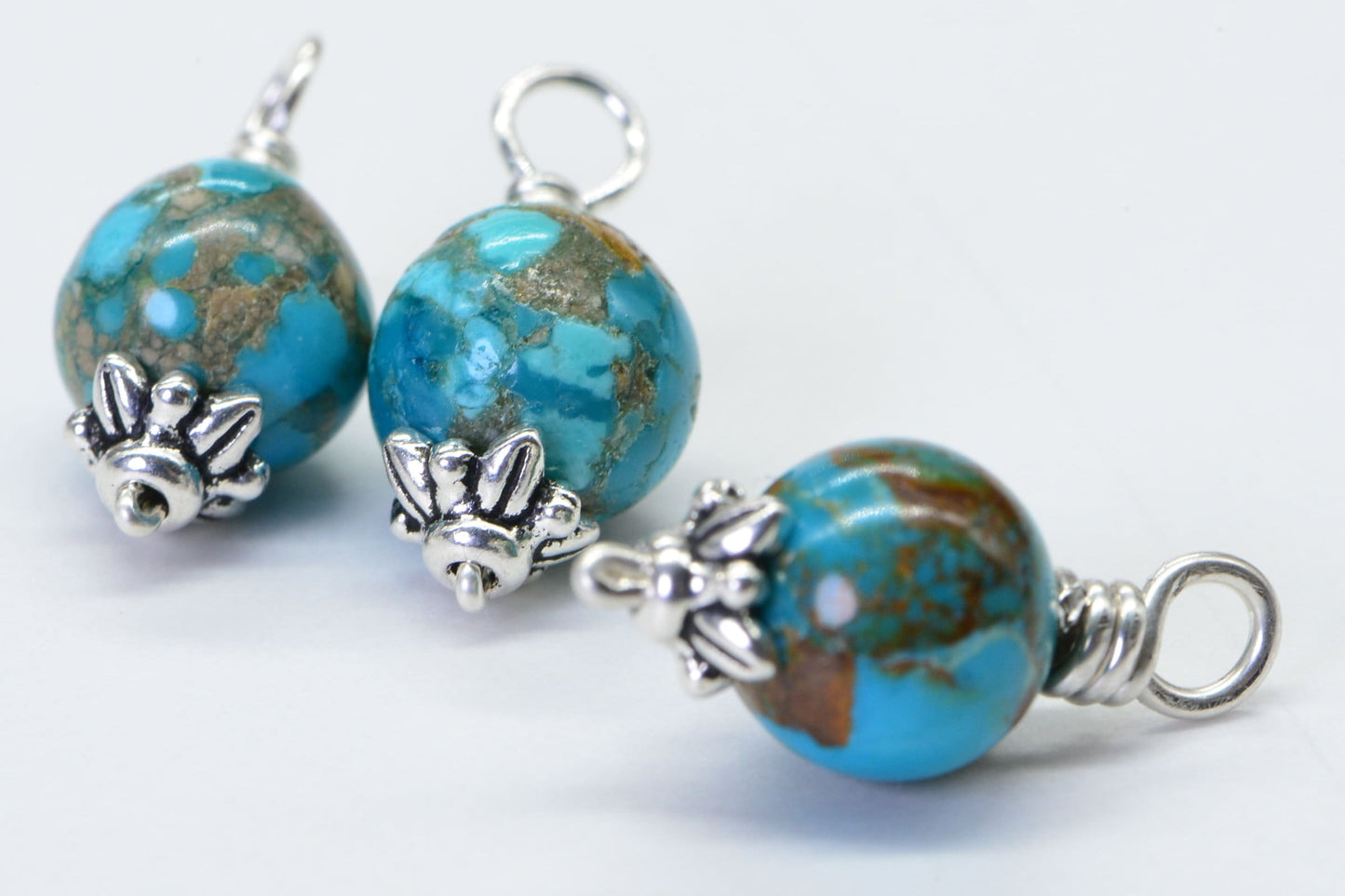 Wire Wrapped Turquoise Charm: Sterling Silver Dangle Bead (8mm)