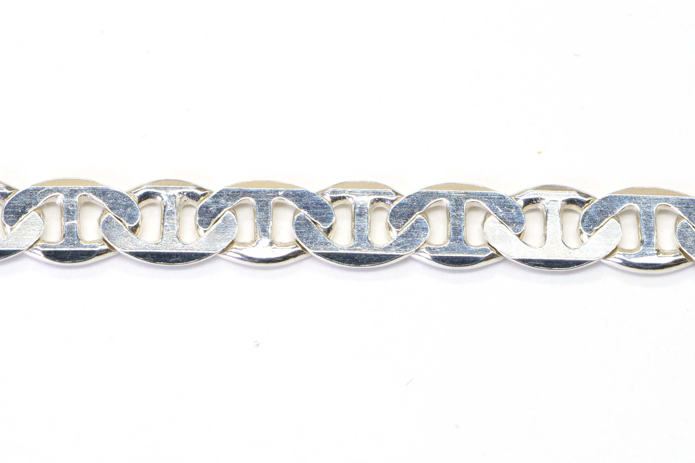 Sterling Silver Flat Mariner Chain Bracelet: Italian Rhodium Finish
