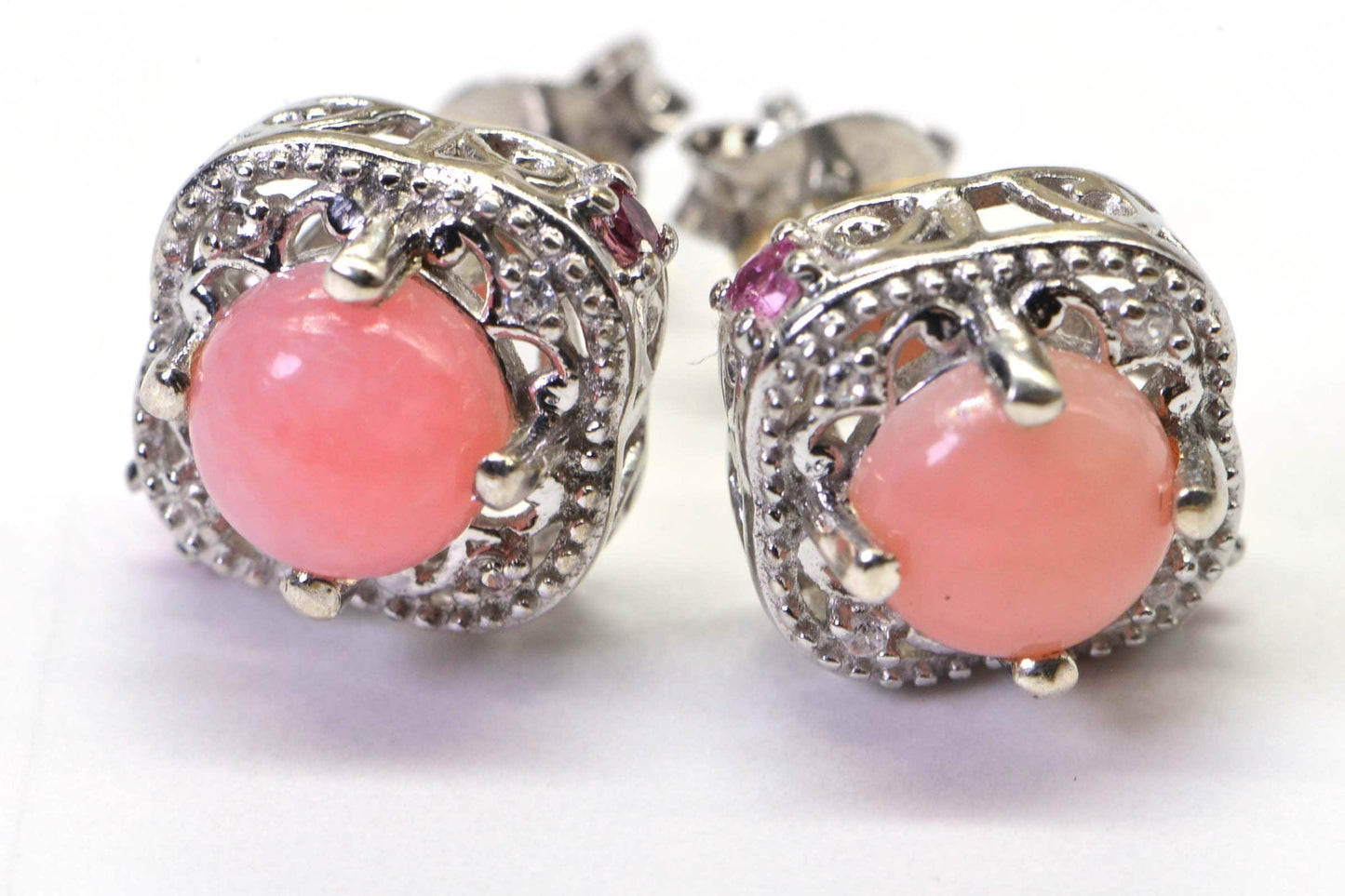 Peruvian Pink Opal Stud Earrings, Sterling Silver CZ & Tourmaline