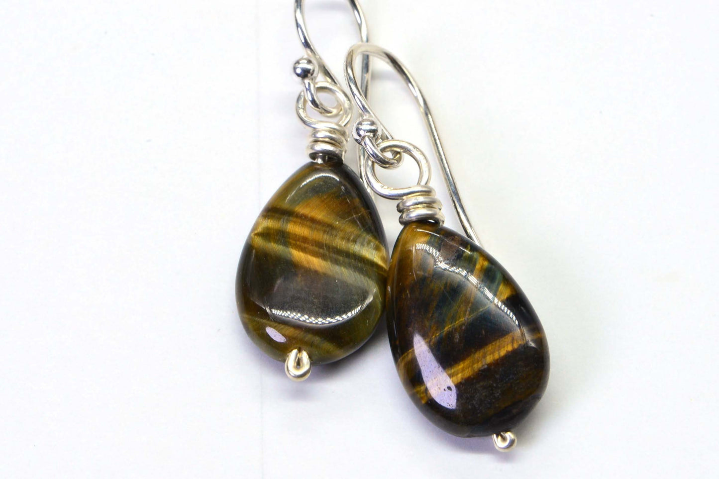 Tiger Eye Gemstone Earrings, Sterling Silver Teardrop Dangle