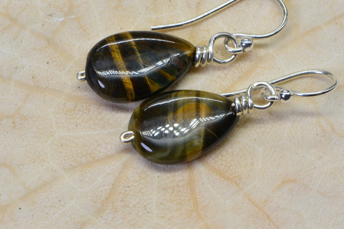 Tiger Eye Gemstone Earrings, Sterling Silver Teardrop Dangle