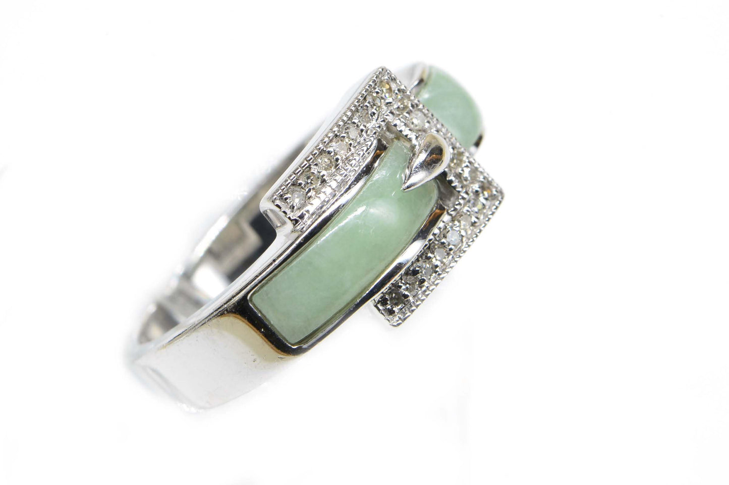 Chinese Real Jade Diamond Bend Ring Sterling Silver  Vintage Ring