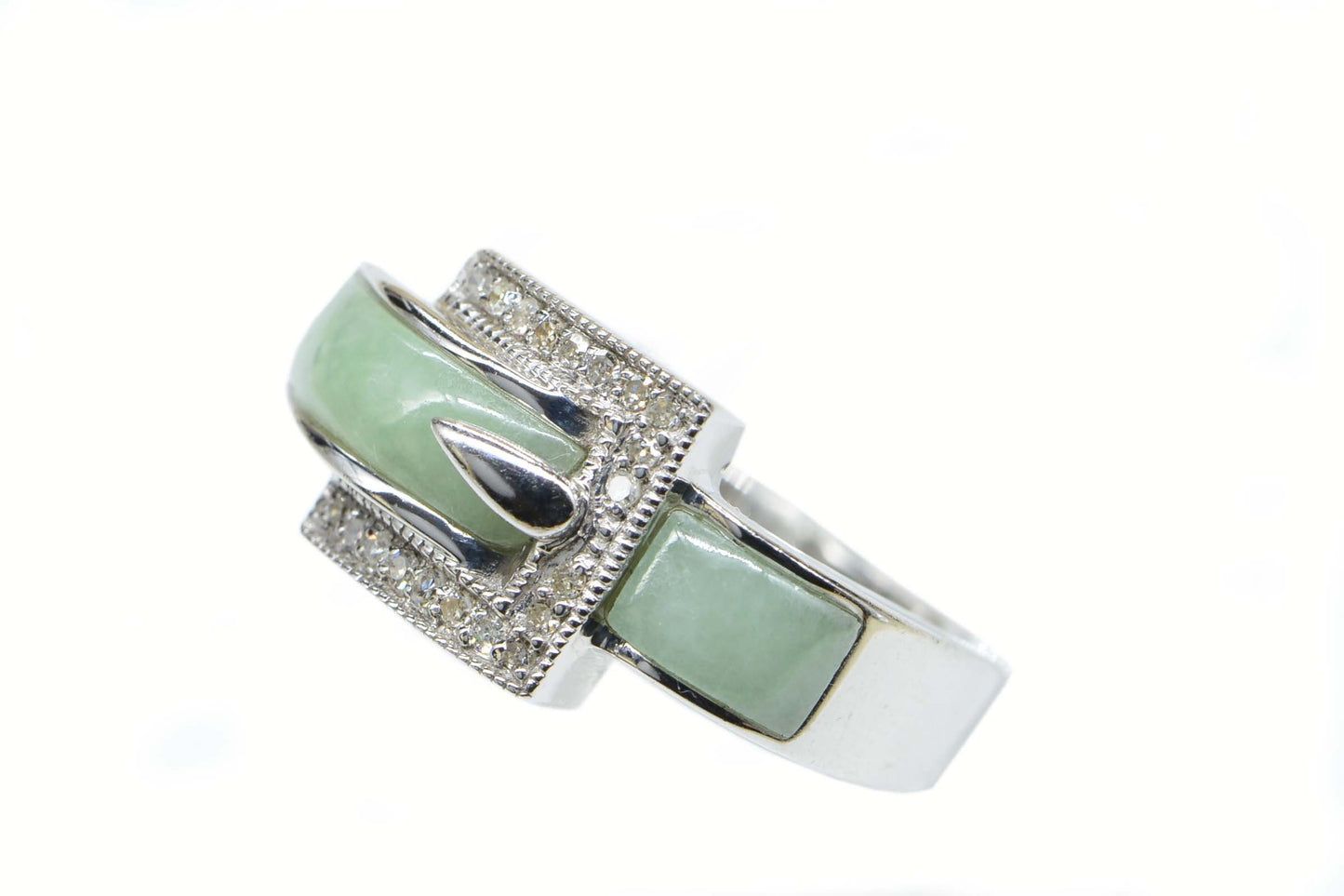 Chinese Real Jade Diamond Bend Ring Sterling Silver  Vintage Ring