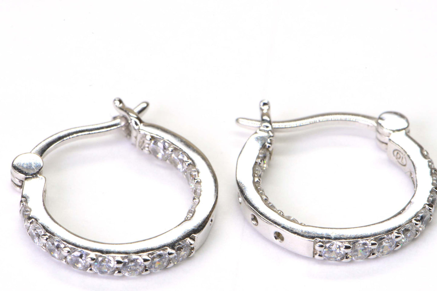 Simulated Diamond Inside-Outside  Hinged Post Hoop Earrings Sterling Silver finished Rhodium
