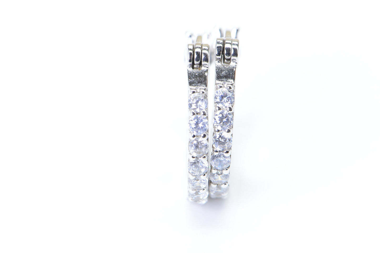 Simulated Diamond Inside-Outside  Hinged Post Hoop Earrings Sterling Silver finished Rhodium