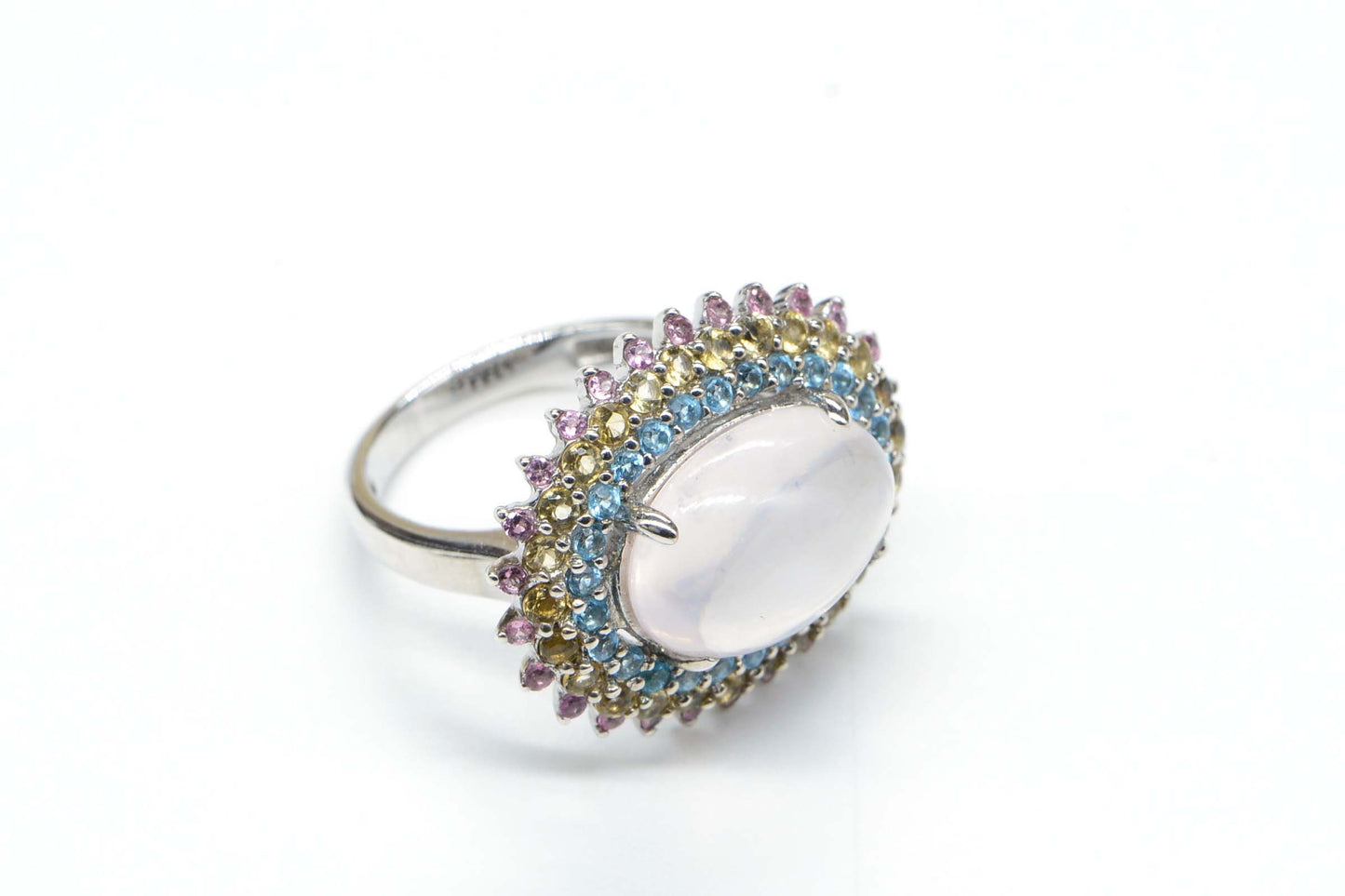 Oval Moonstone Sterling Silver Multi-Stone Halo Ring