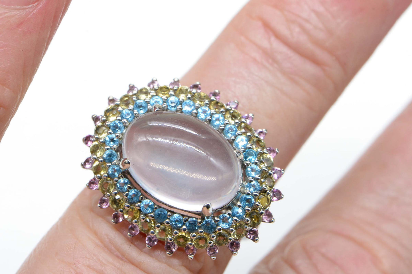 Oval Moonstone Sterling Silver Multi-Stone Halo Ring
