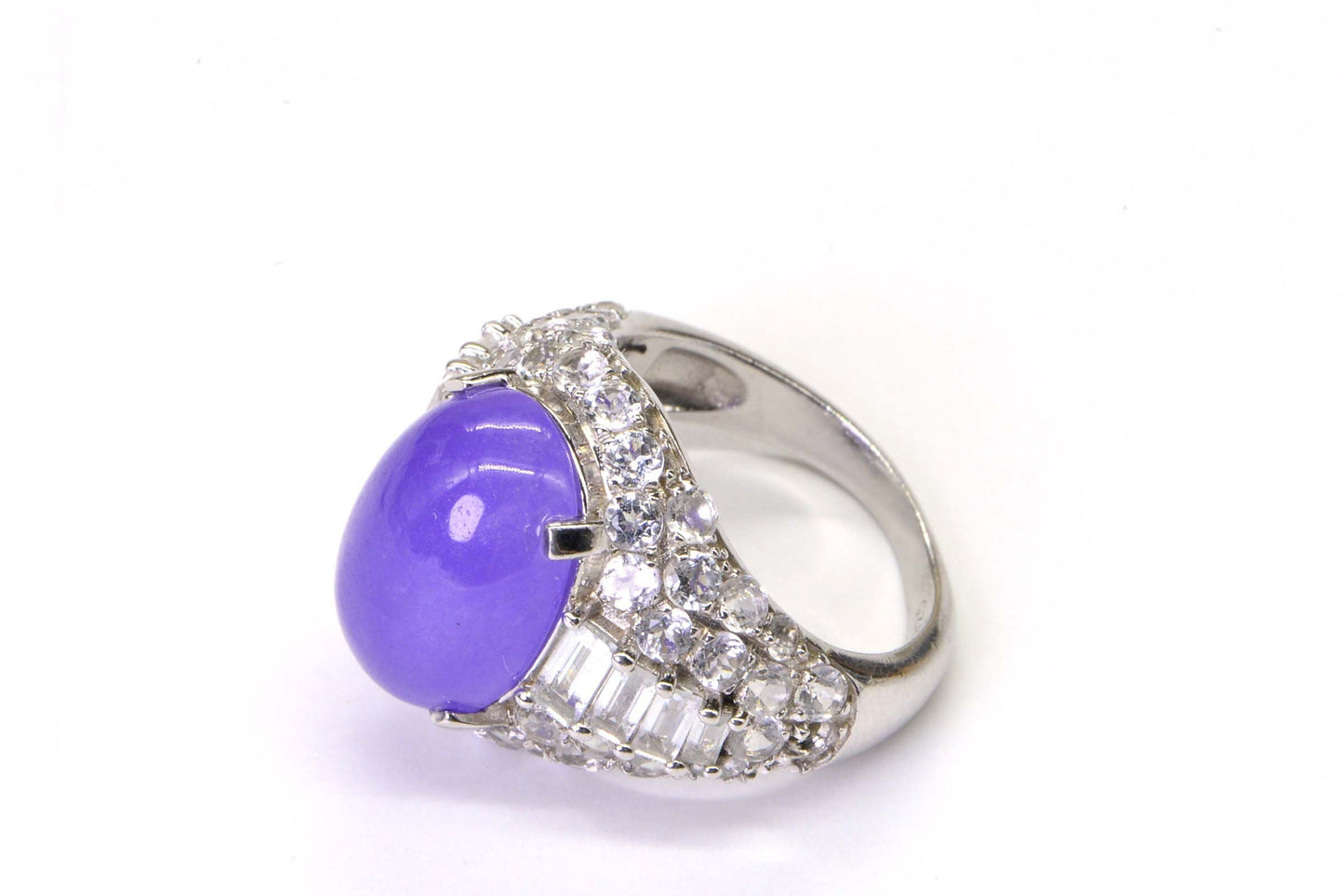Purple Jade Cocktail Ring, White Topaz Halo, Sterling Silver, Size 7 3/4