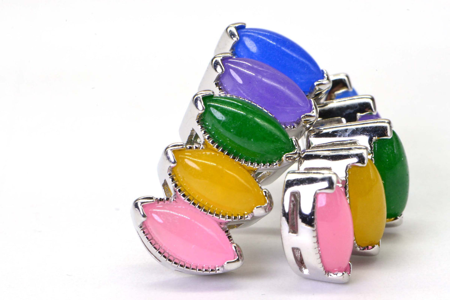 Multi Color Jade Sterling Silver Stud Earrings, Marquise Gemstone