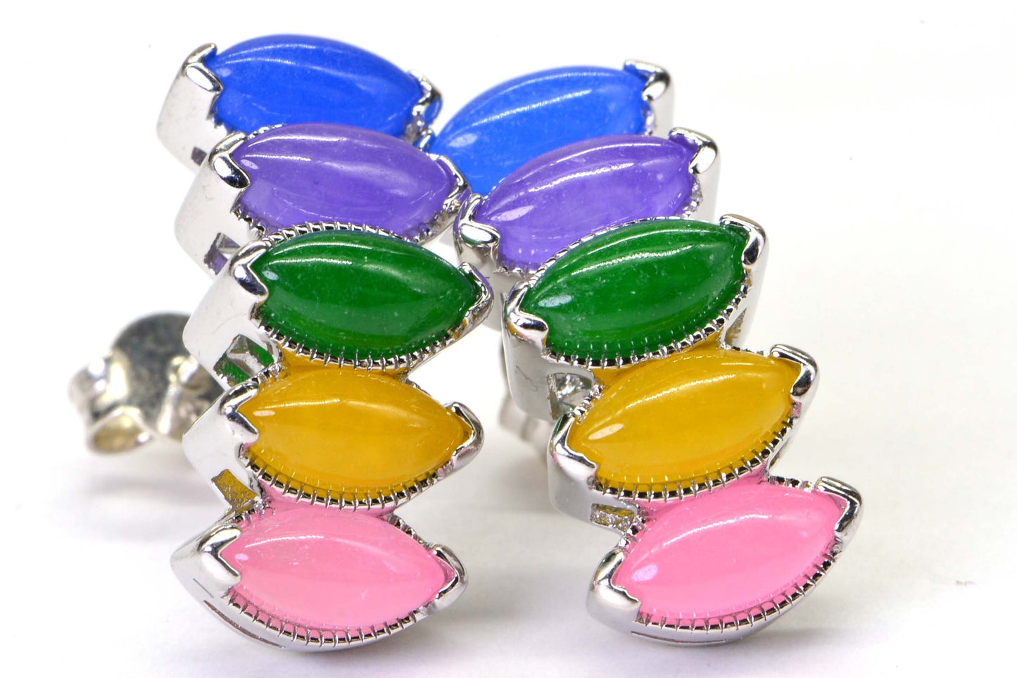 Multi Color Jade Sterling Silver Stud Earrings, Marquise Gemstone