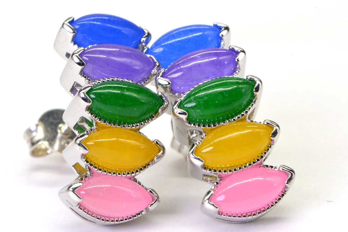 Multi Color Jade Sterling Silver Stud Earrings, Marquise Gemstone