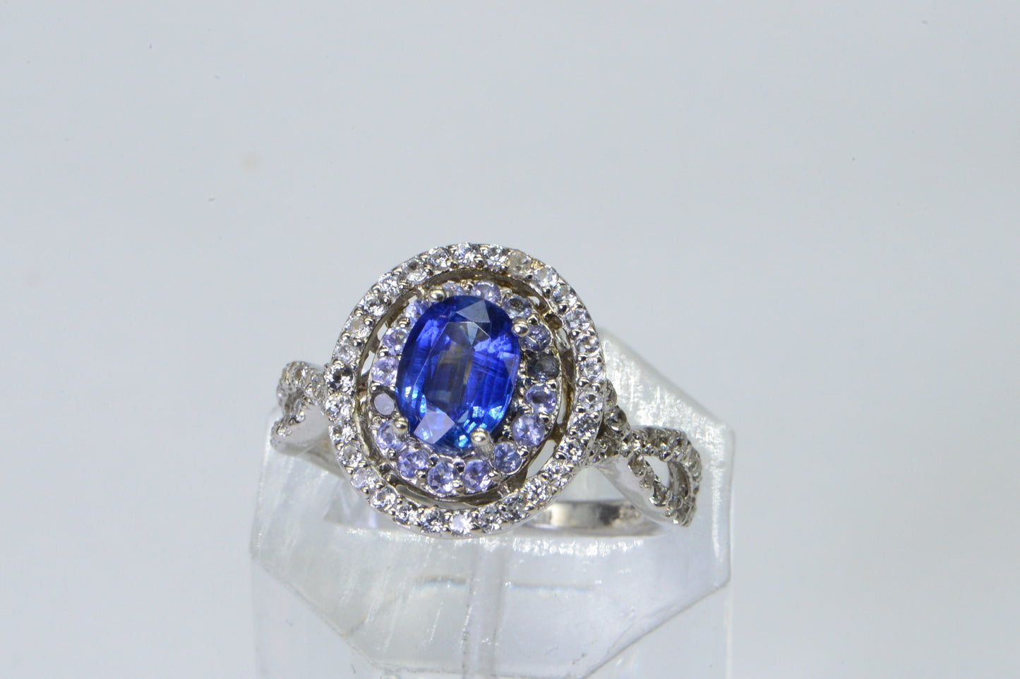Blue Topaz Tanzanite Zircon Rhodium over sterling silver Double Halo Style Promise Ring