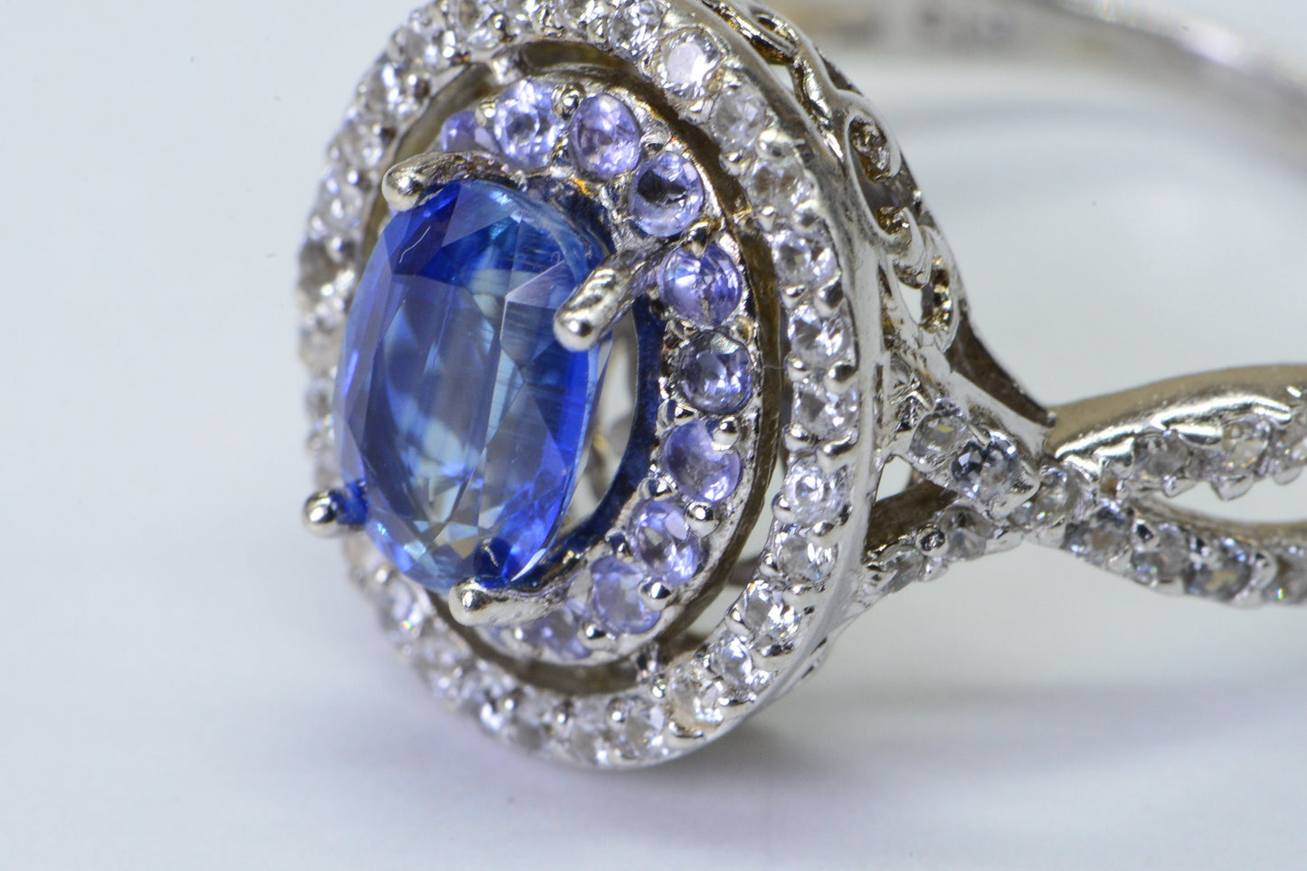 Blue Topaz Tanzanite Zircon Rhodium over sterling silver Double Halo Style Promise Ring