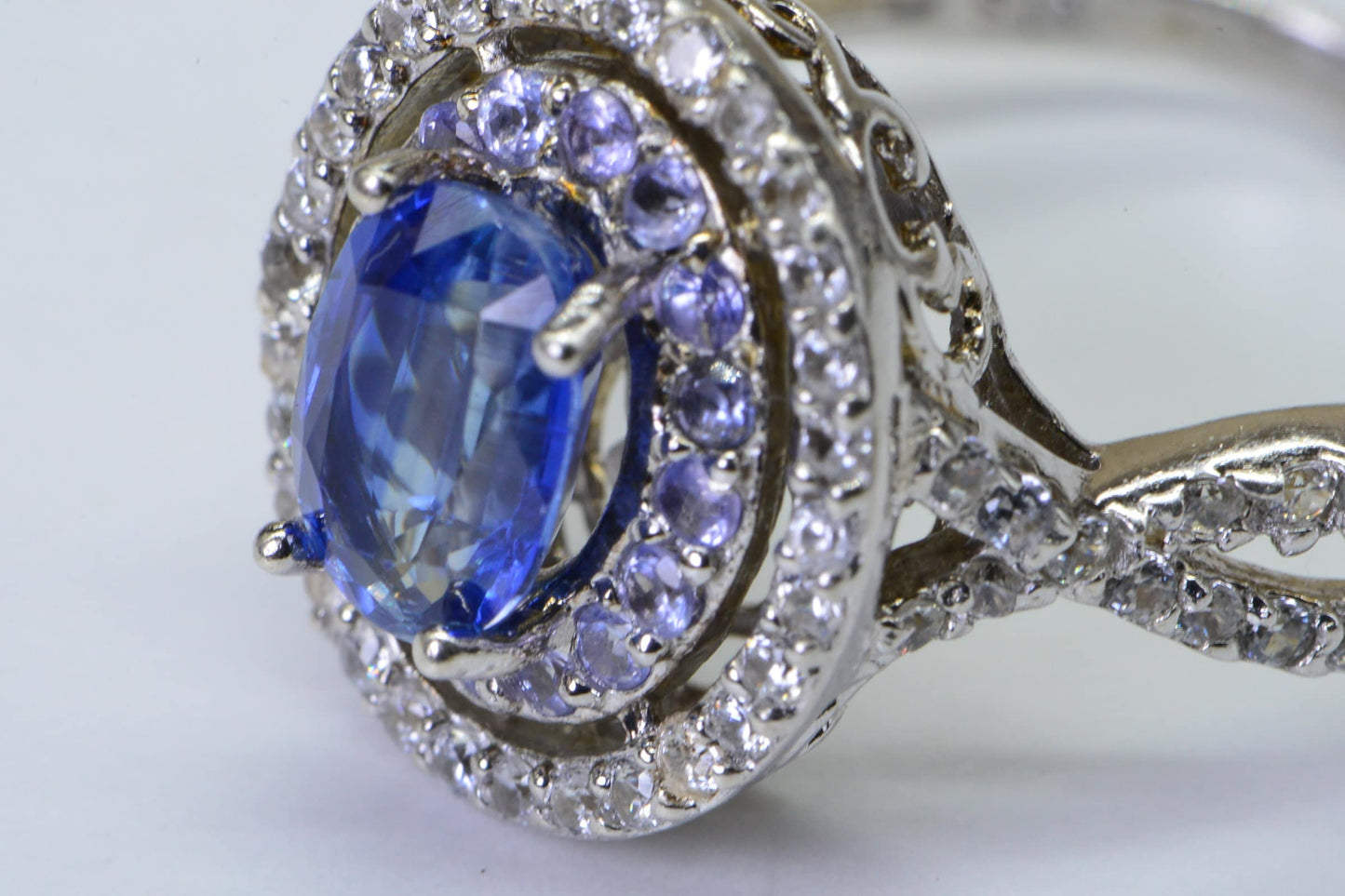 Blue Topaz Tanzanite Zircon Rhodium over sterling silver Double Halo Style Promise Ring