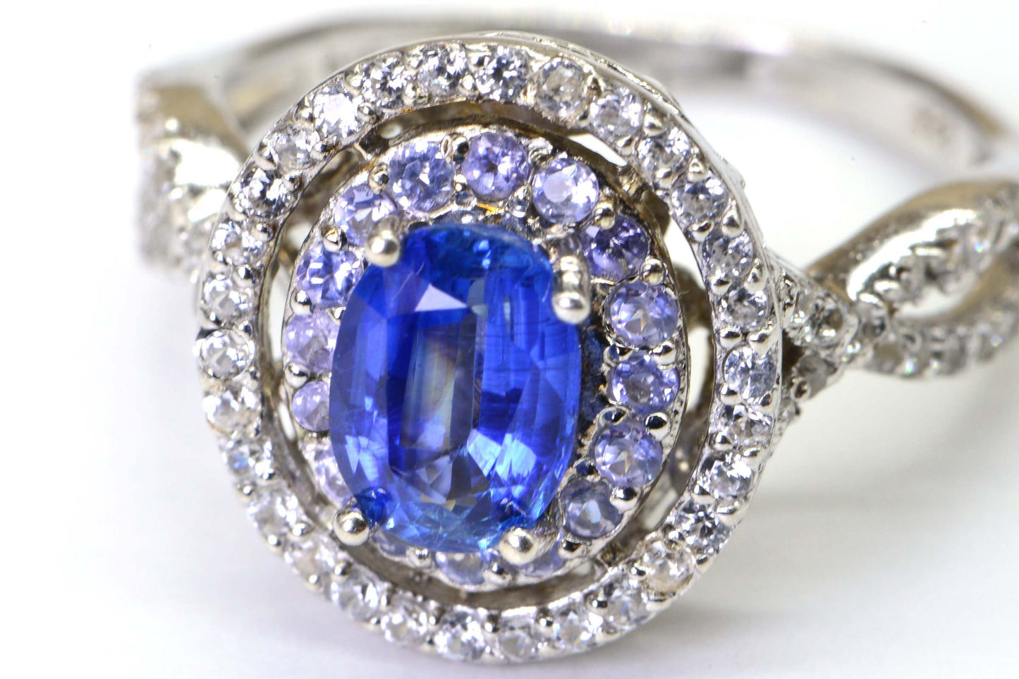Blue Topaz Tanzanite Zircon Rhodium over sterling silver Double Halo Style Promise Ring