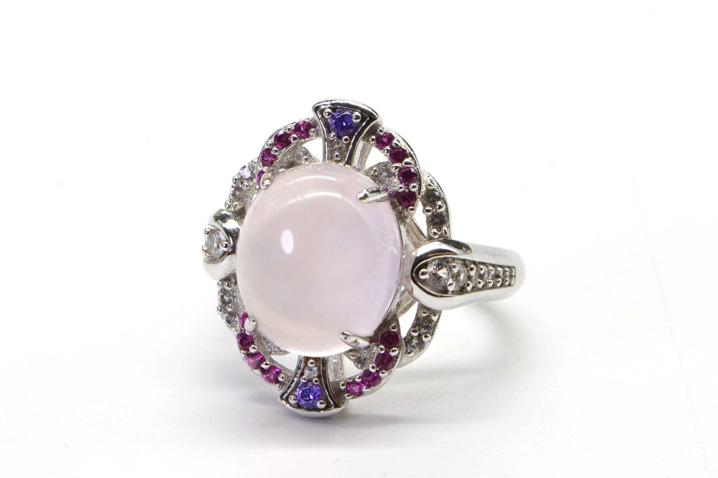Moonstone Sterling Silver Cocktail Ring: Ruby & White Sapphire