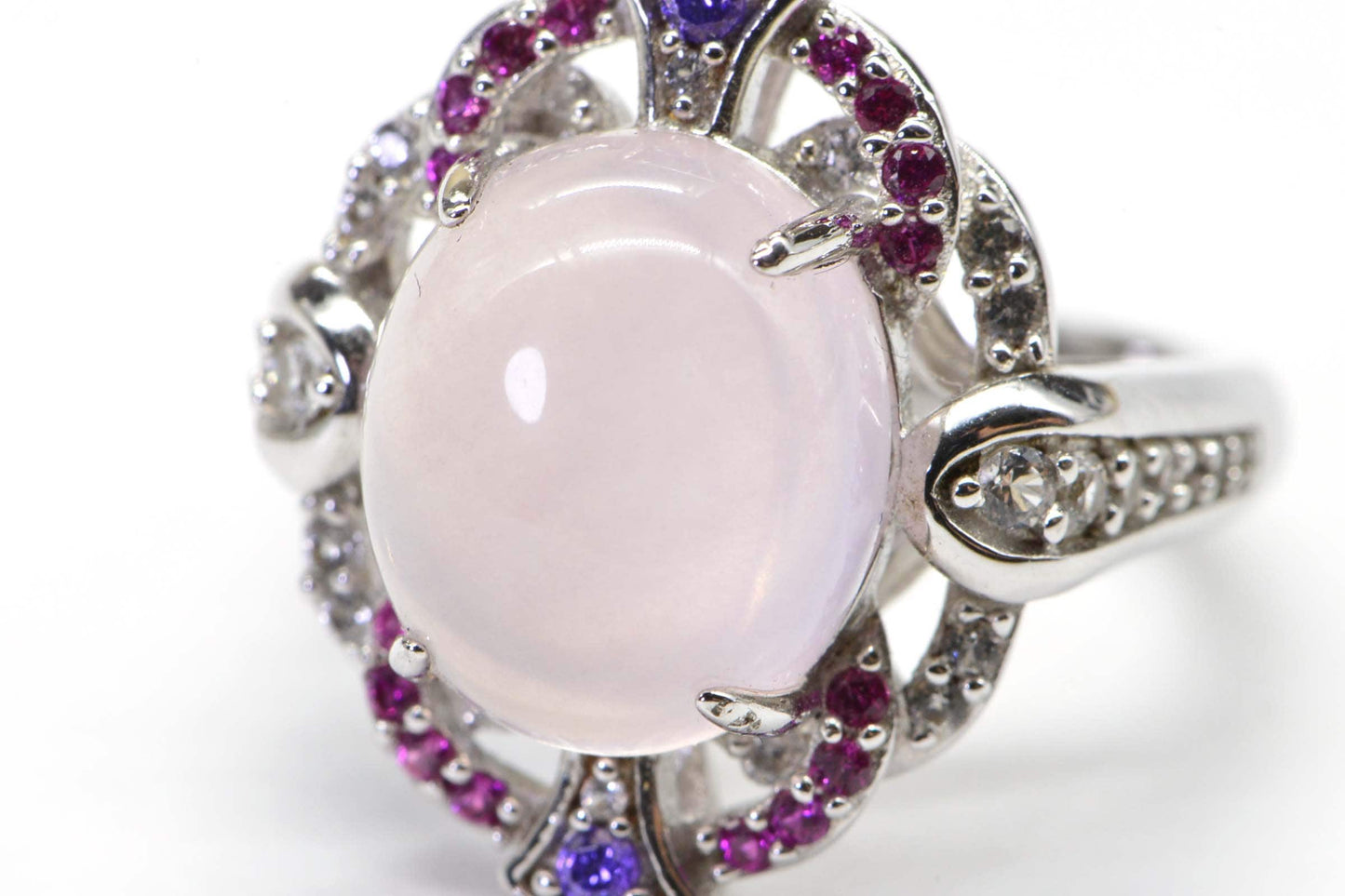 Moonstone Sterling Silver Cocktail Ring: Ruby & White Sapphire