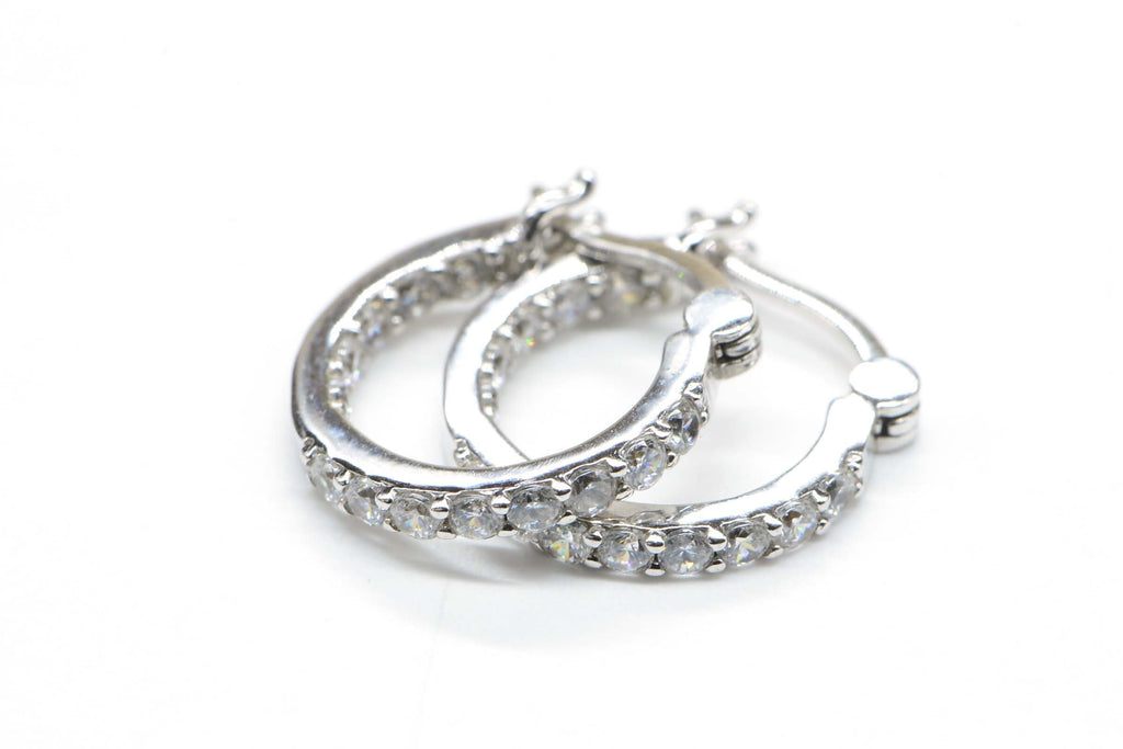 CZ Sterling Silver Hinged Post Back Hoop Earrings