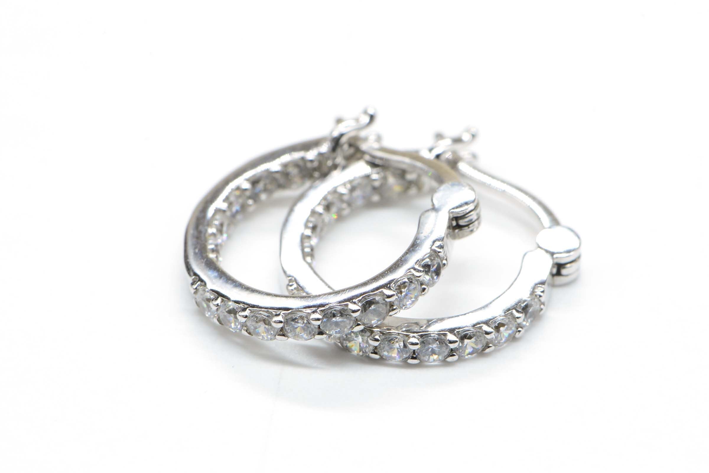 CZ Sterling Silver Hinged Post Back Hoop Earrings