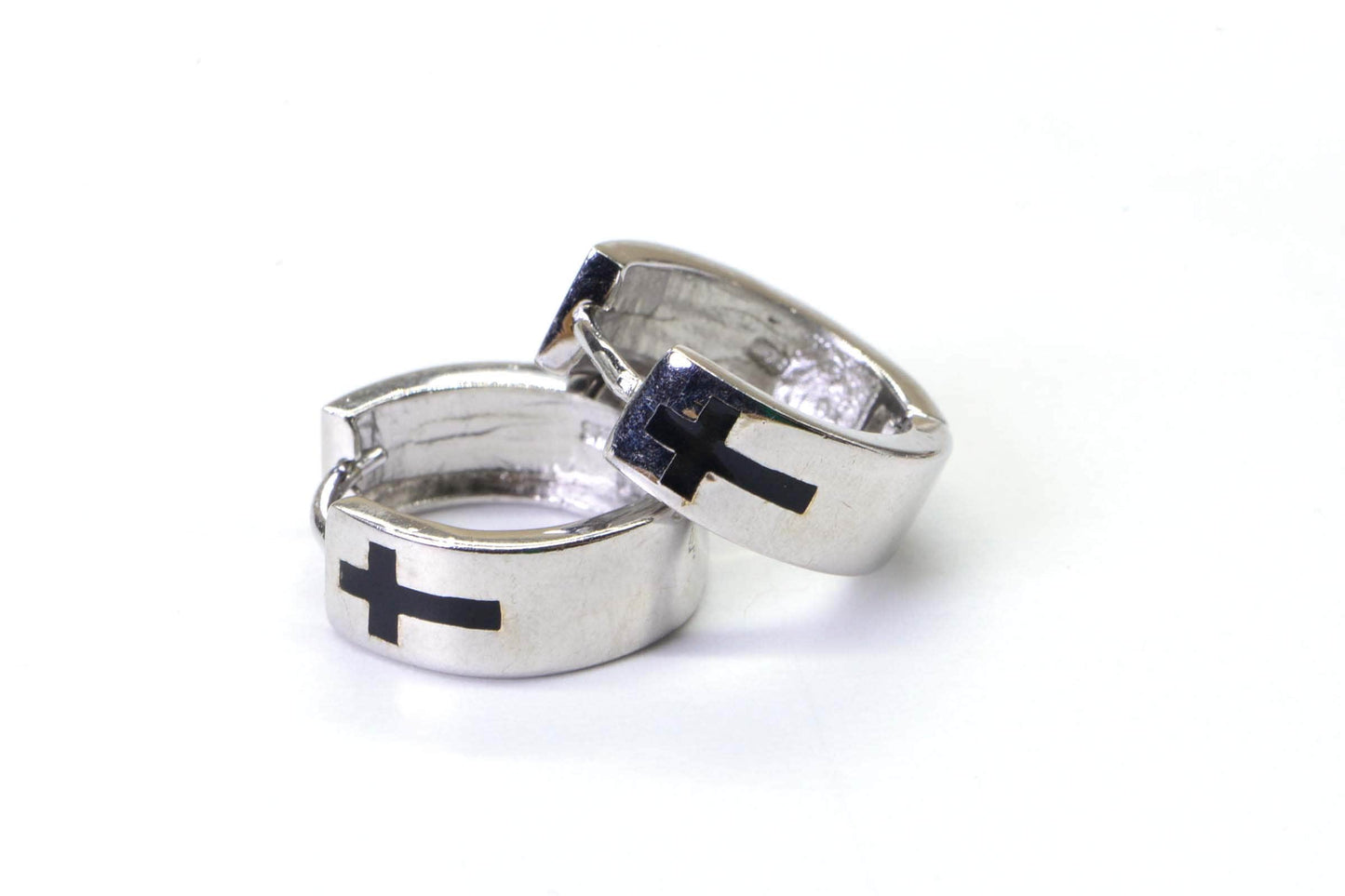 15mm Small Cross Enamel Black Sterling silver  Hinged Wide  Hoop Earrings