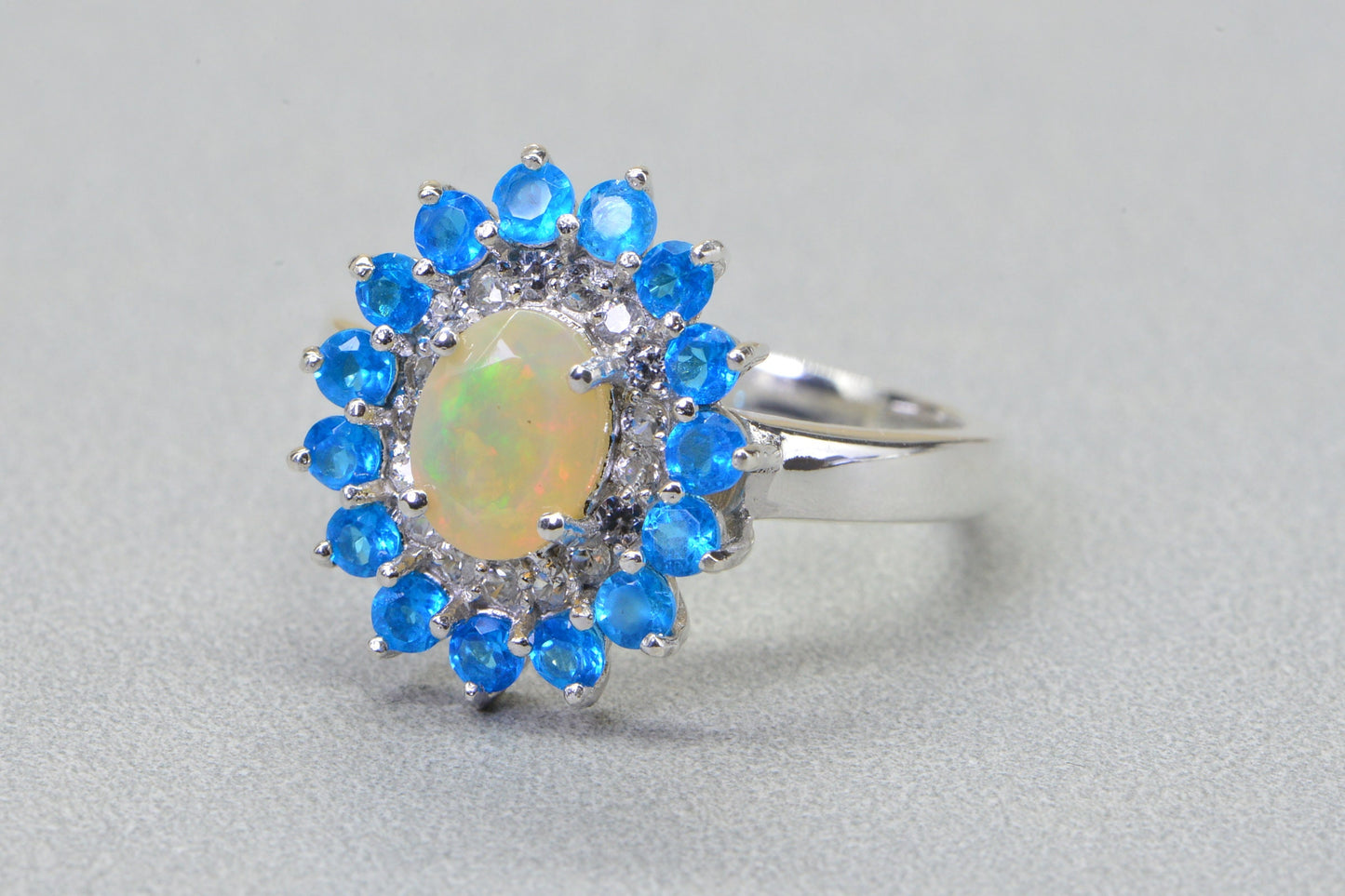 Ethiopian Opal Ring, Neon Apatite Halo, Sterling Silver, Size 7