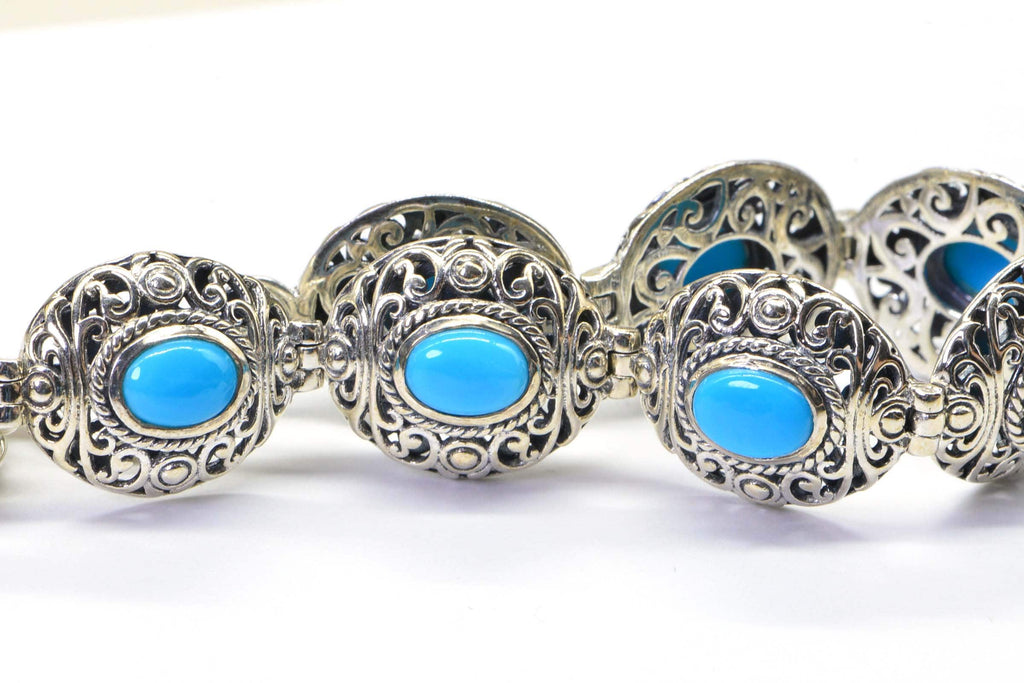 Arizona Sleeping Beauty Turquoise Bracelet: Platinum Over Sterling Silver, Filigree Bezel