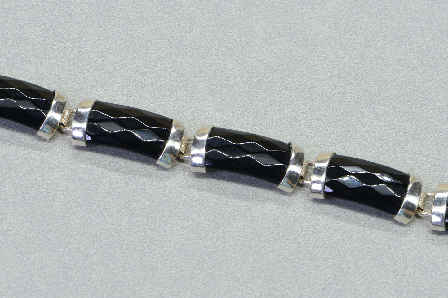 Thai Black Spinel Tennis Bracelet, Platinum Over Sterling Silver, Vintage Style
