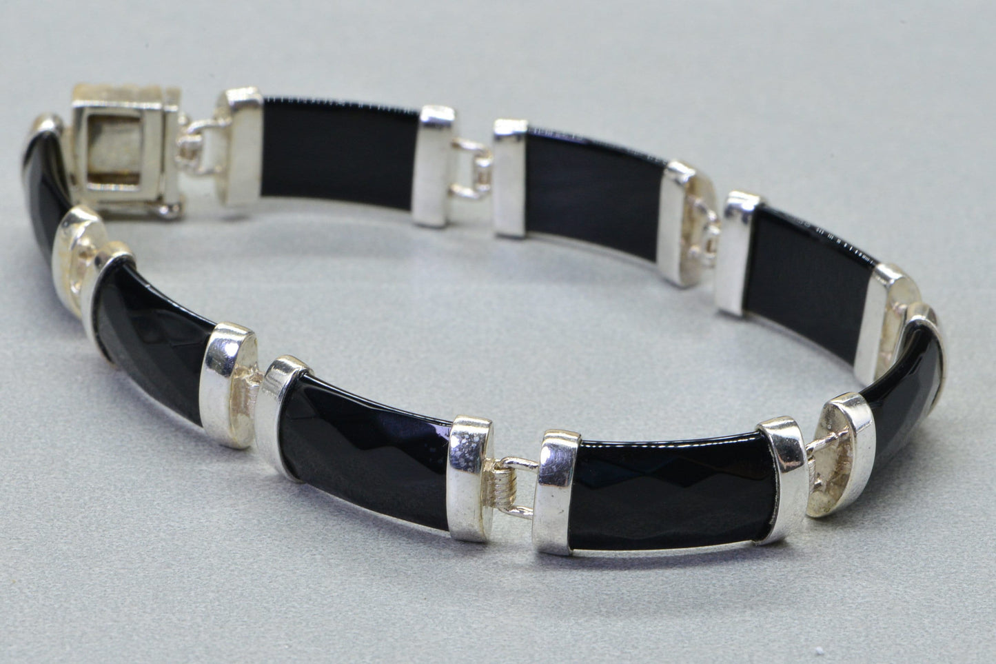 Thai Black Spinel Tennis Bracelet, Platinum Over Sterling Silver, Vintage Style