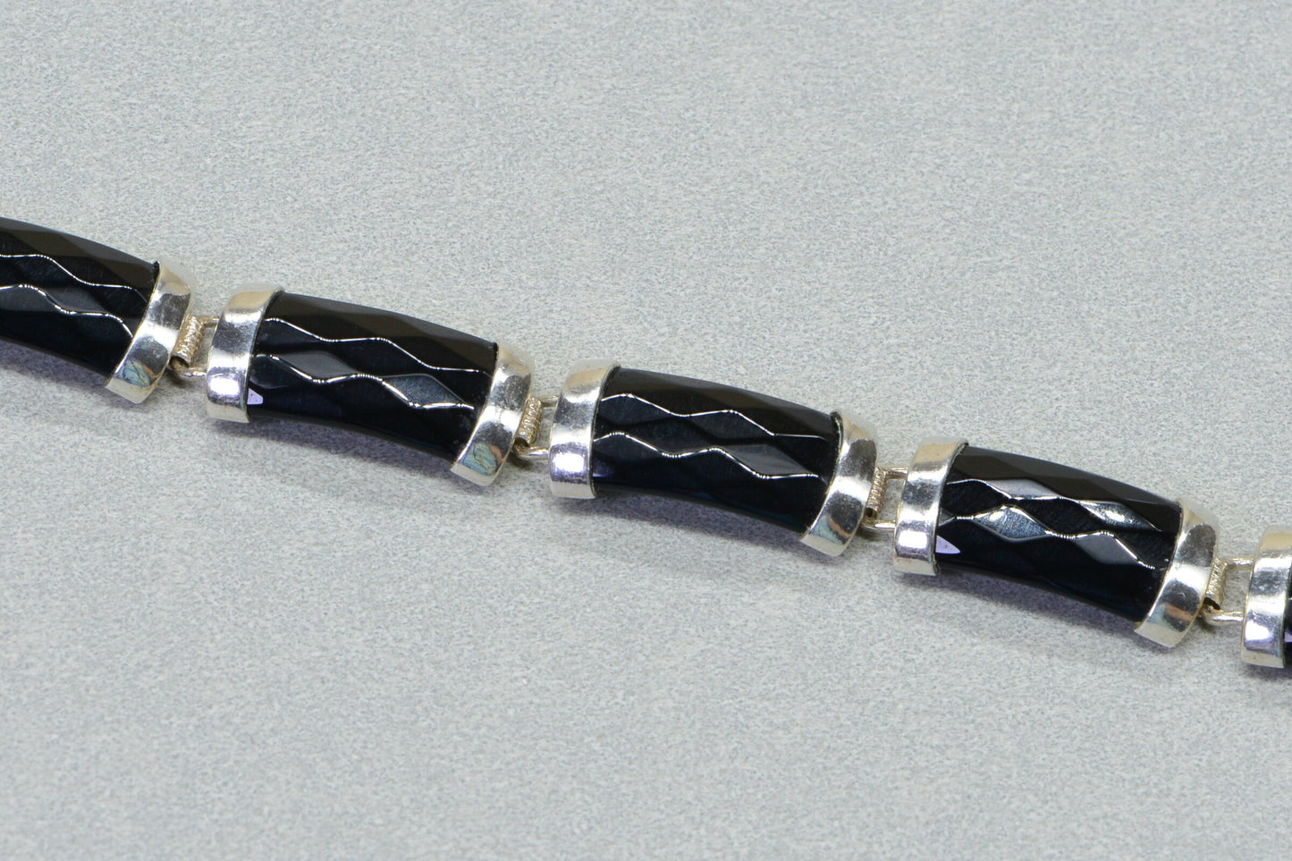 Thai Black Spinel Tennis Bracelet, Platinum Over Sterling Silver, Vintage Style