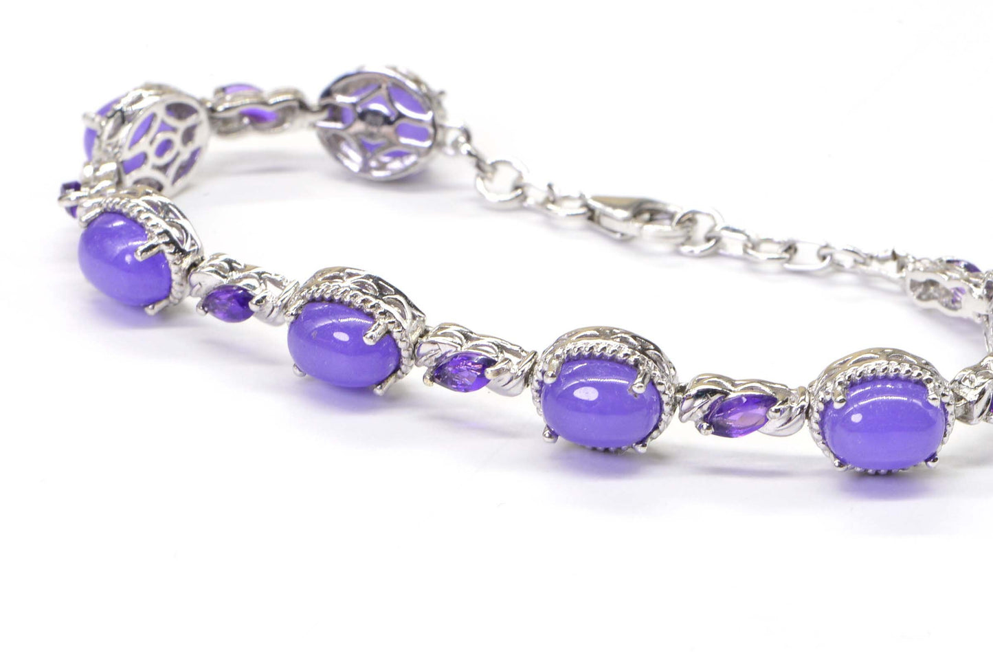 Purple Jade & Amethyst Bracelet, Filigree Sterling Silver, 7 Inch
