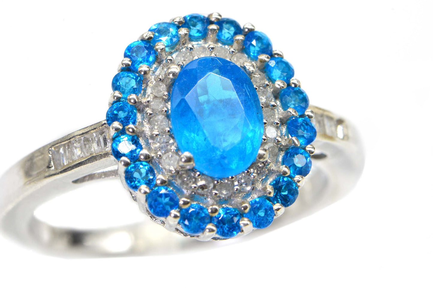 Neon Apatite Double  Halo Real  Diamond  Sterling Silver Ring Promise Ring