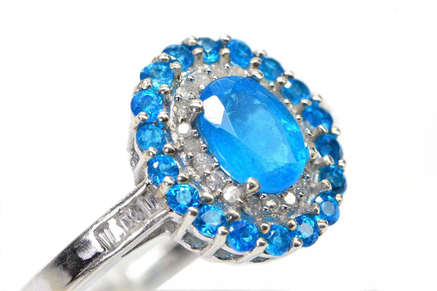 Neon Apatite Double  Halo Real  Diamond  Sterling Silver Ring Promise Ring