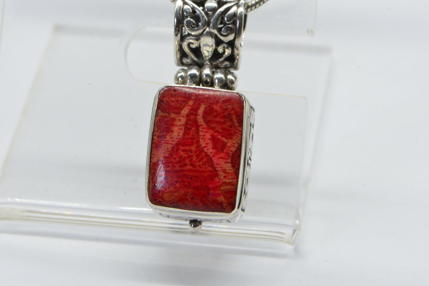 Red Coral Rectangle  Pendant  Necklace Sterling Silver Fancy Basket Filigree