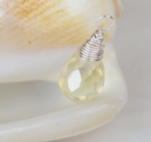 Opalite Yellow Briolette Charm: Wire Wrapped Silver Pendant