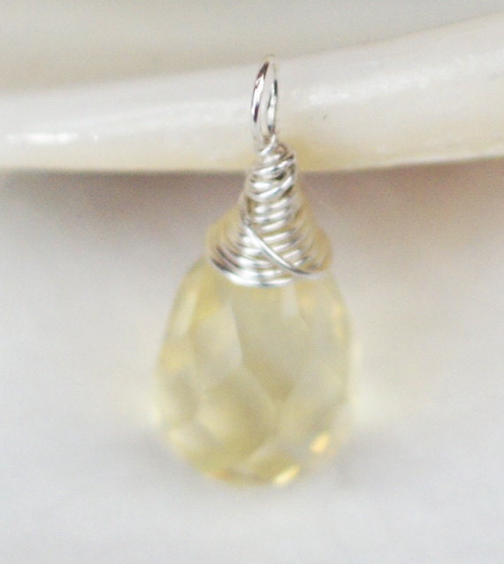Opalite Yellow Briolette Charm: Wire Wrapped Silver Pendant