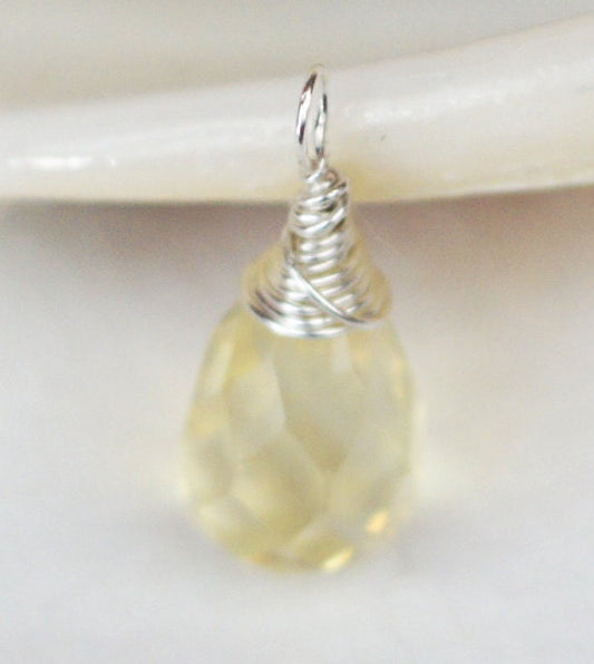 Opalite Yellow Briolette Charm: Wire Wrapped Silver Pendant