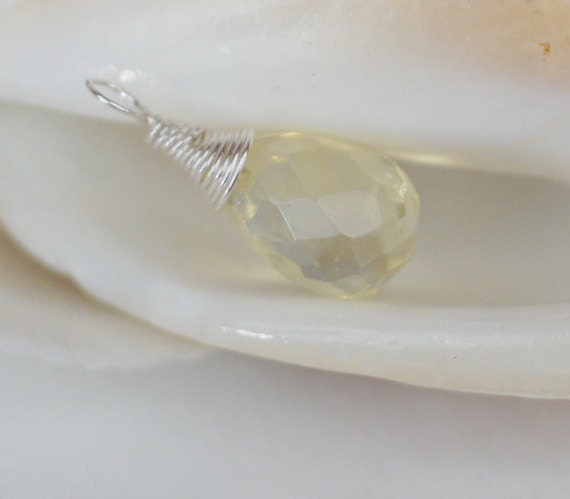 Opalite Yellow Briolette Charm: Wire Wrapped Silver Pendant