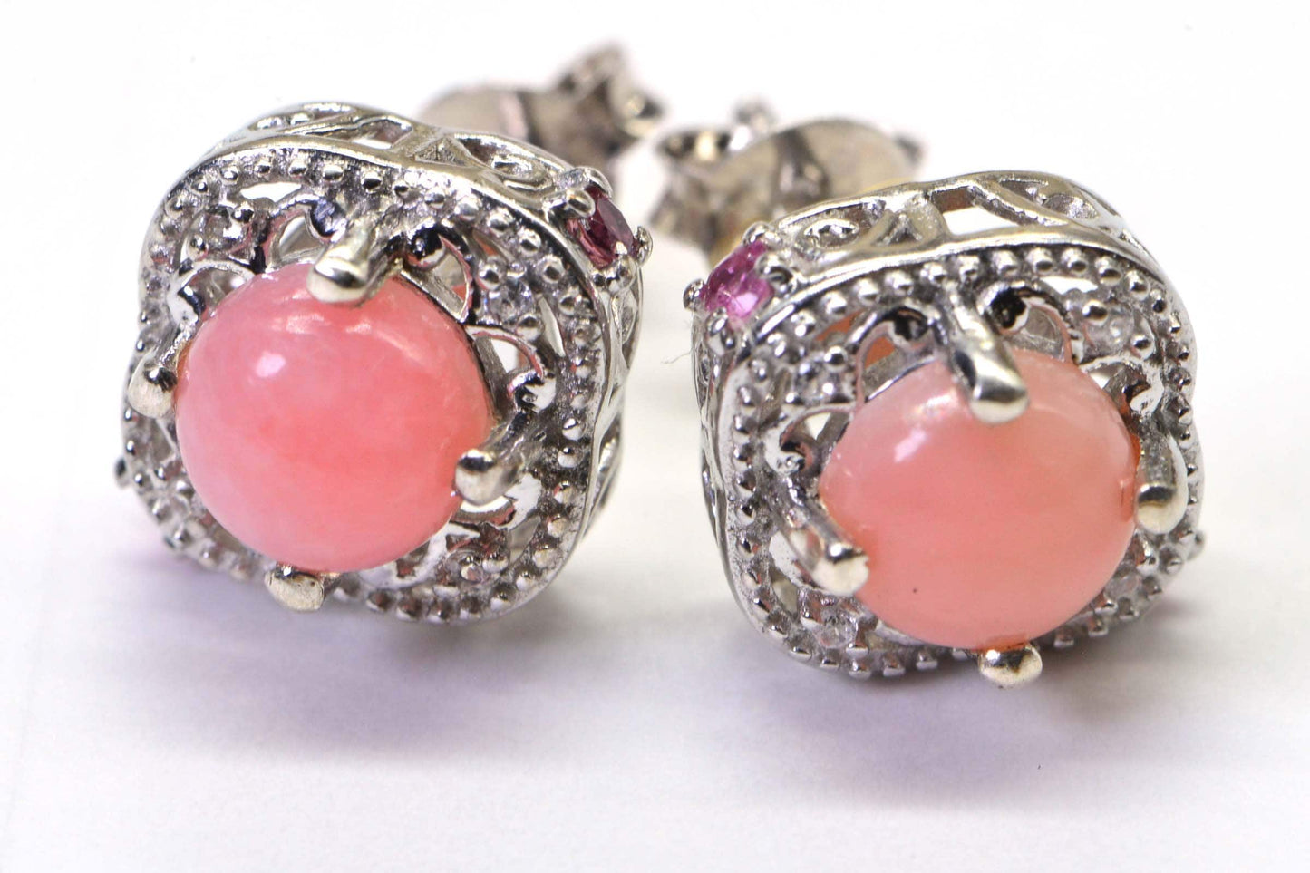 Peruvian Pink Opal Stud Earrings, Sterling Silver CZ & Tourmaline