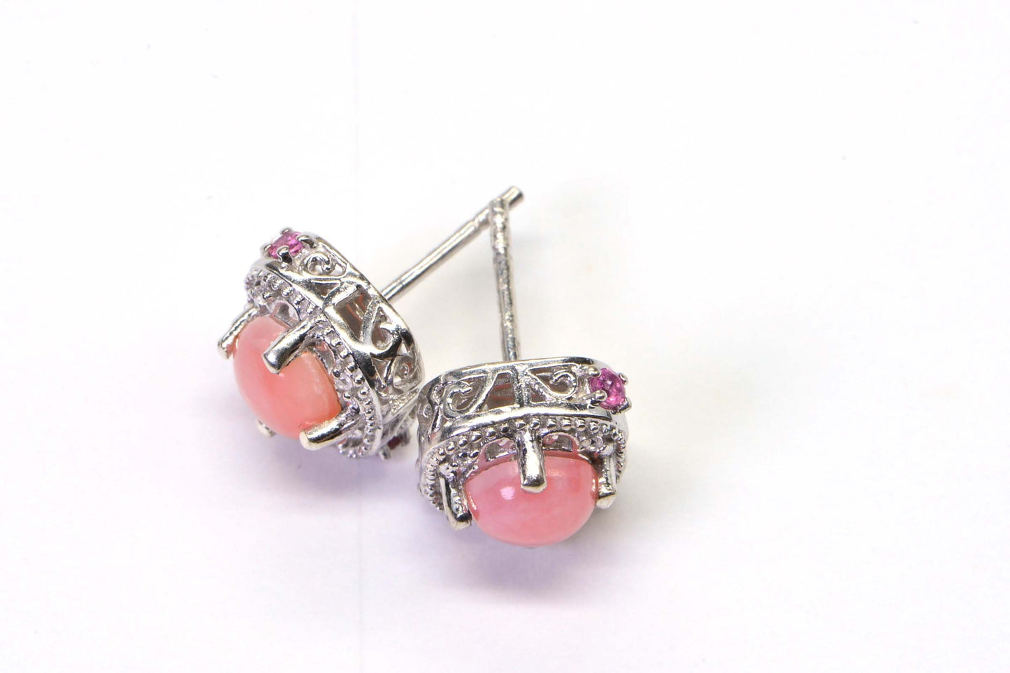 Peruvian Pink Opal Stud Earrings, Sterling Silver CZ & Tourmaline