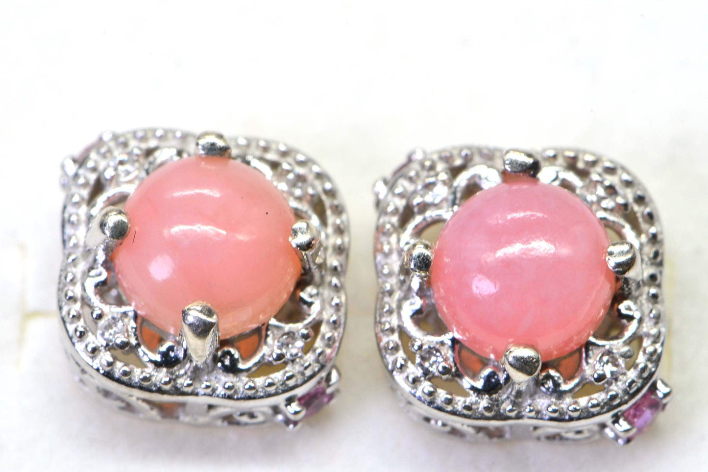 Peruvian Pink Opal Stud Earrings, Sterling Silver CZ & Tourmaline