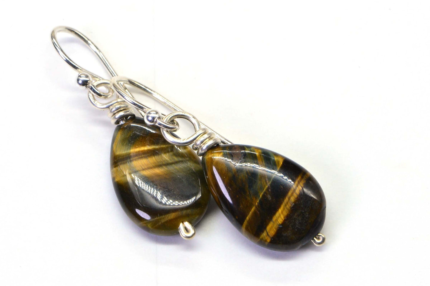 Tiger Eye Gemstone Earrings, Sterling Silver Teardrop Dangle