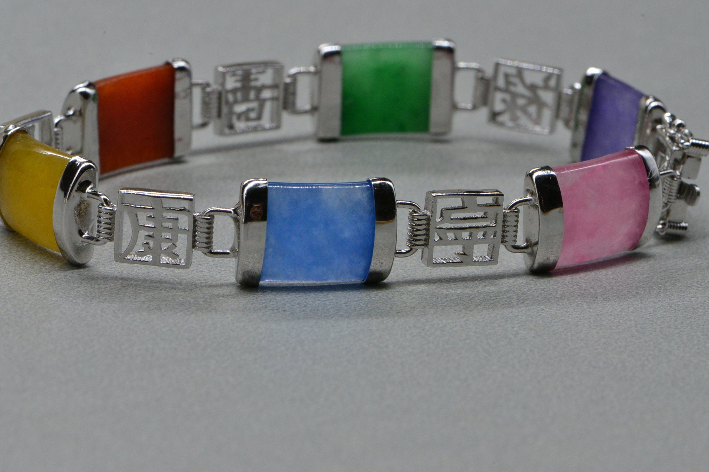 18K Gold Over Sterling Silver Multicolor Jade Bracelet