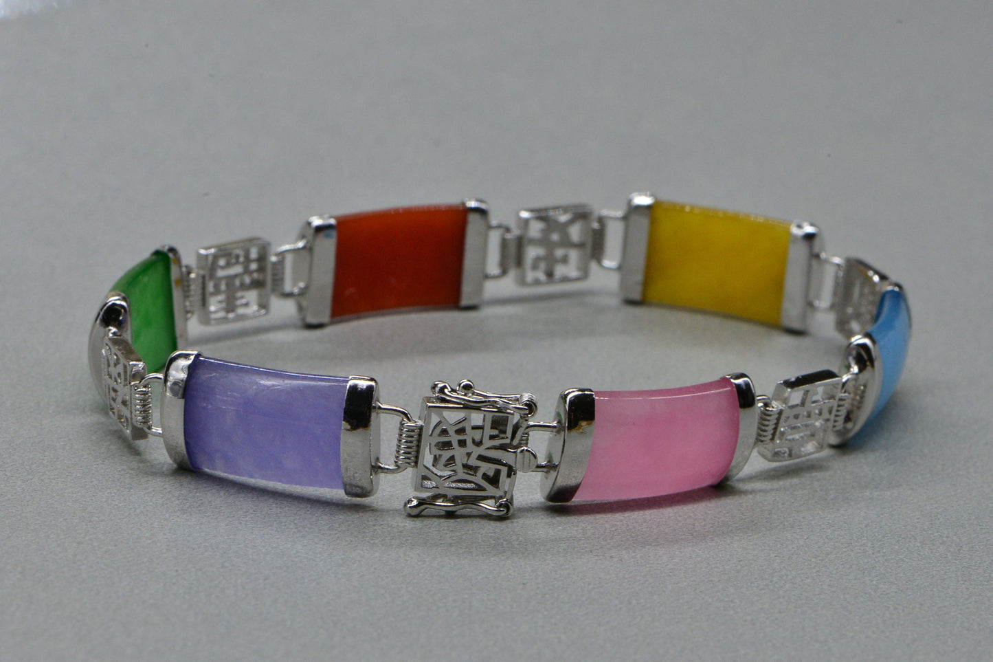 Lucky Chinese  Multi Color Jade Rectangle Bracelet Sterling Silver Long Length Chain Bracelet