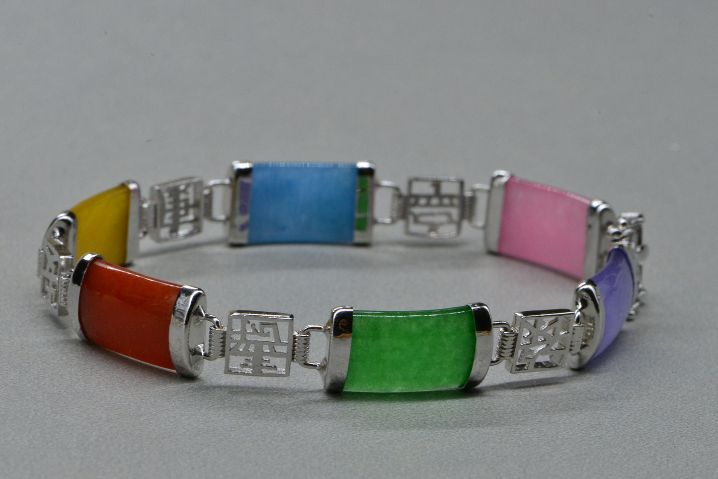 Lucky Chinese  Multi Color Jade Rectangle Bracelet Sterling Silver Long Length Chain Bracelet